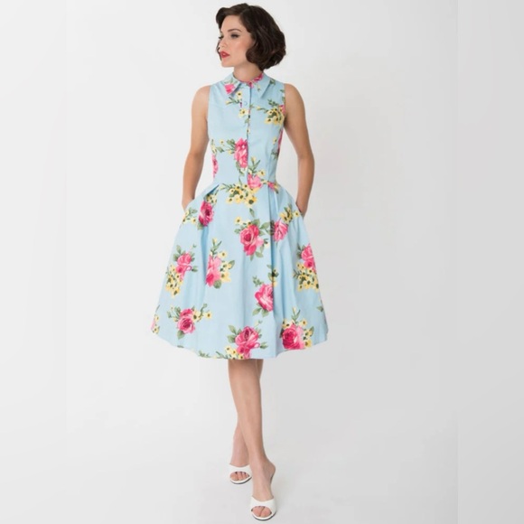 Unique Vintage Dresses & Skirts - Unique Vintage Light Blue & Blooming Floral Print Button Up Swing Dress NWT L